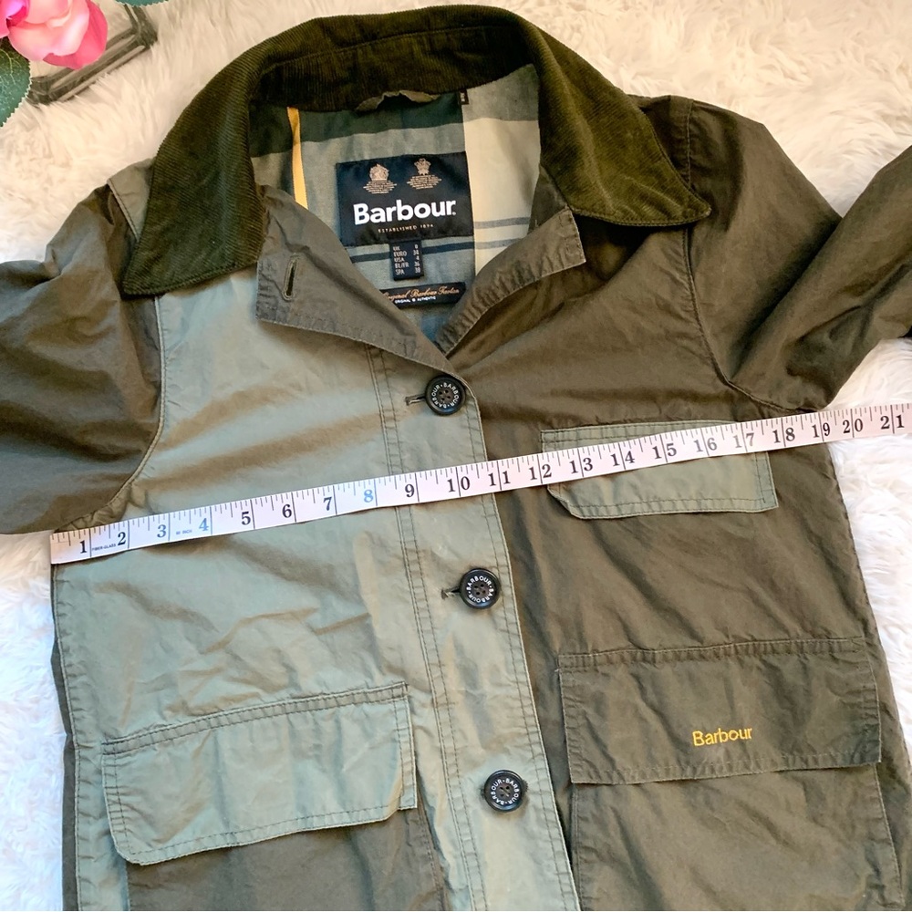 Barbour Garnock Showerproof Jacket with corduroy collar khaki green US 4 SM MED - Picture 13 of 16